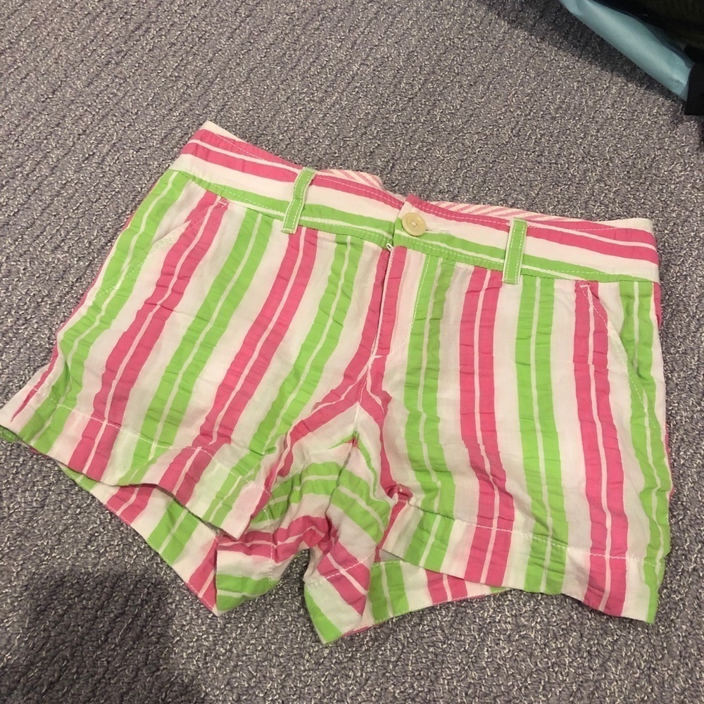 Lilly Pulitzer Shorts, Green & Pink Neon stripes on White background 
Sz 2